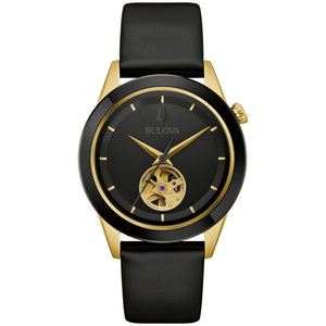 Bulova 98A327 Apollo Theater watch with 40mm two-tone stainless steel case, black dial with gold-tone hands and markers, and black leather strap—front view.