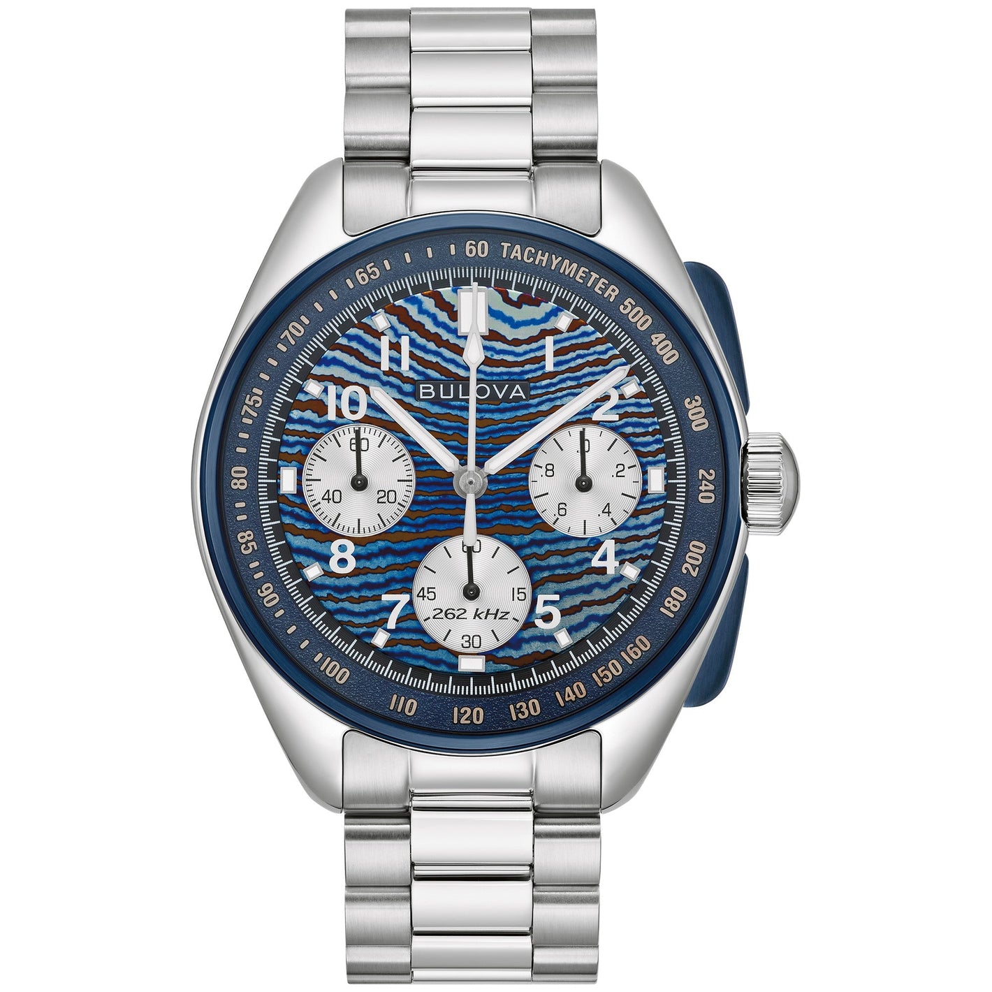 Bulova Lunar Pilot Timascus limited edition chronograph 98A329 with unique blue Timascus dial and six-hand display.