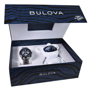 Bulova 98A329 Lunar Pilot Timascus limited edition packaging with exclusive storybook and Budii figurine.