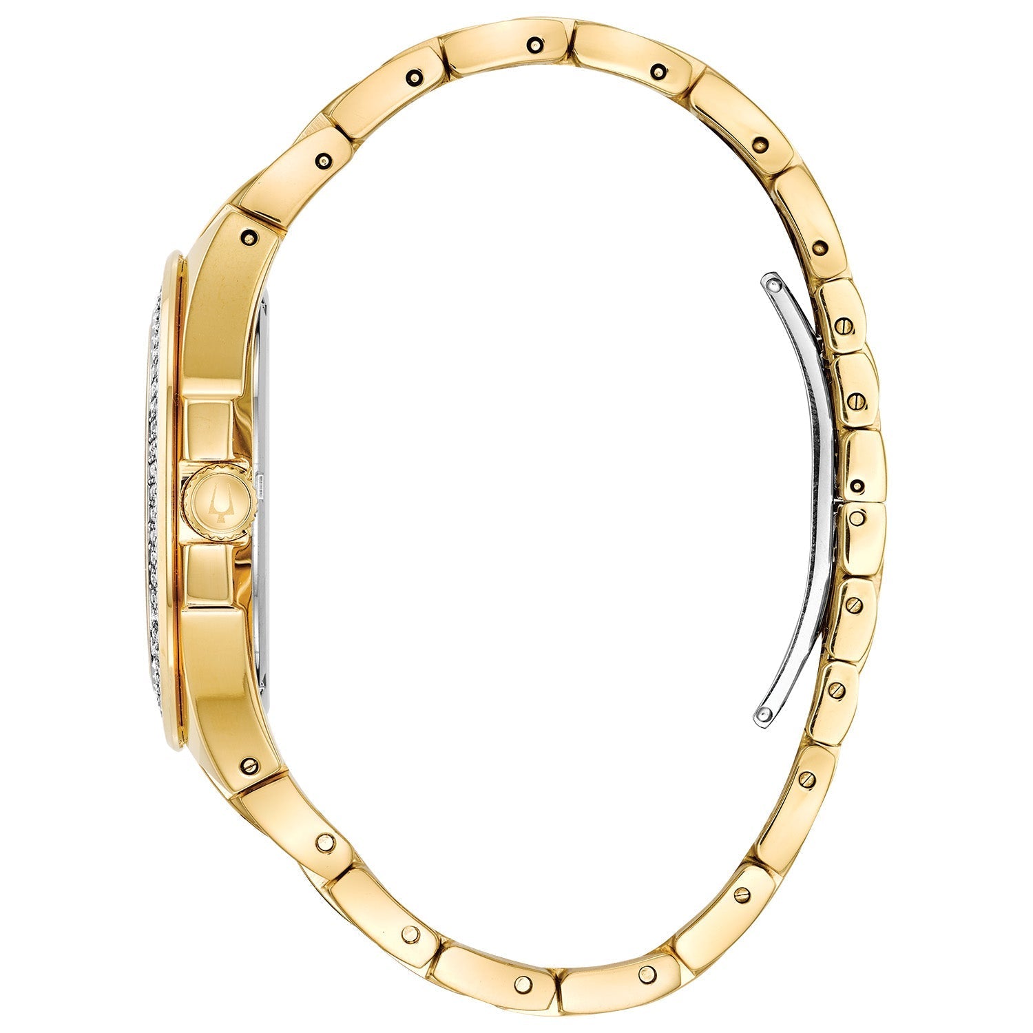  Side profile of Bulova 98B174, showcasing the gold-tone case and crystal-accented bracelet.