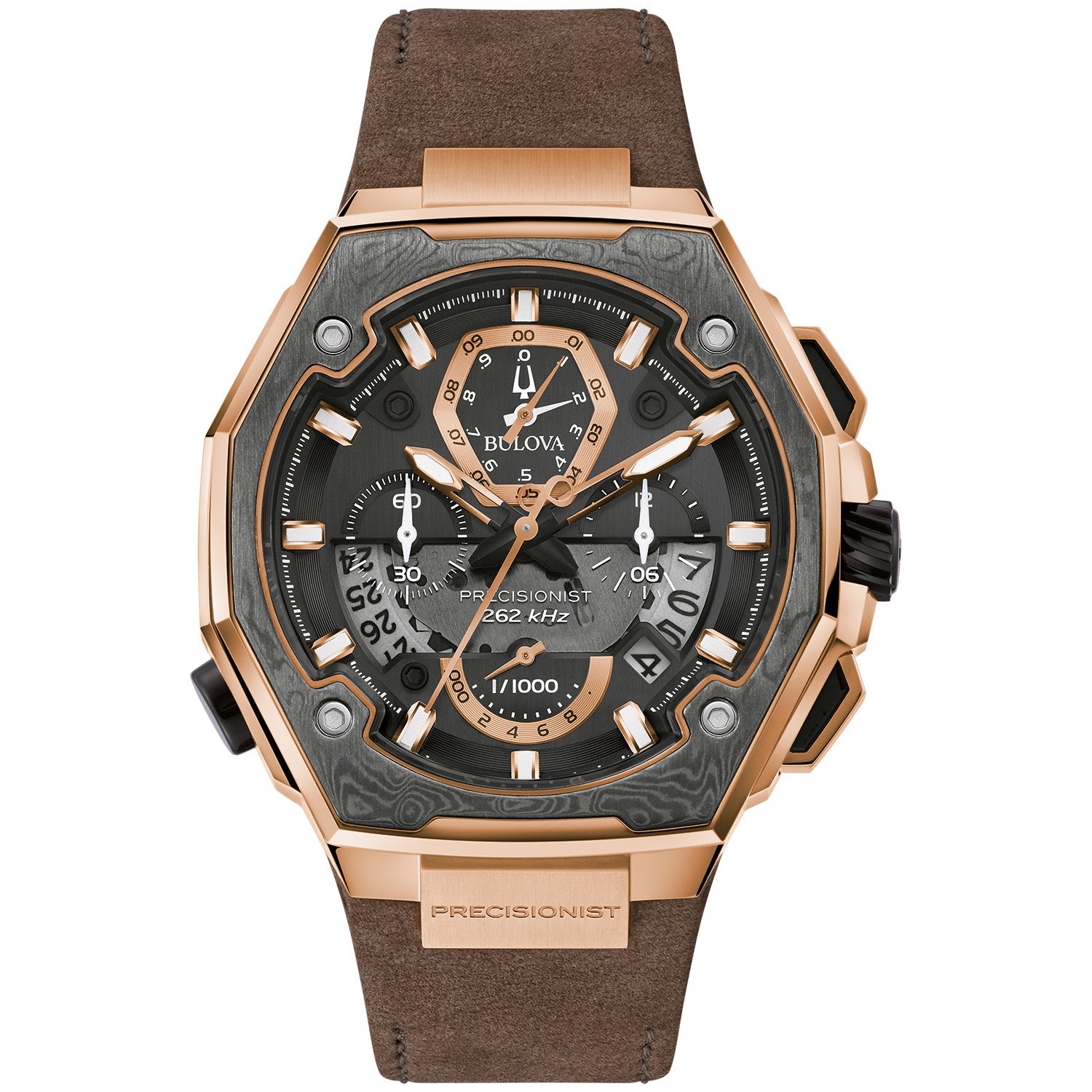 Bulova 98B356 Precisionist X Special Edition men's watch with a black dial, rose gold-tone accents, and gray Damascus steel top ring—front view.