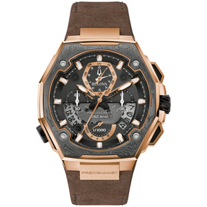 Bulova 98B356 Precisionist X Special Edition men's watch with a black dial, rose gold-tone accents, and gray Damascus steel top ring—front view.