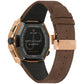 Rear view of Bulova 98B356 highlighting the stainless steel case back and brown leather strap with deployant buckle.​