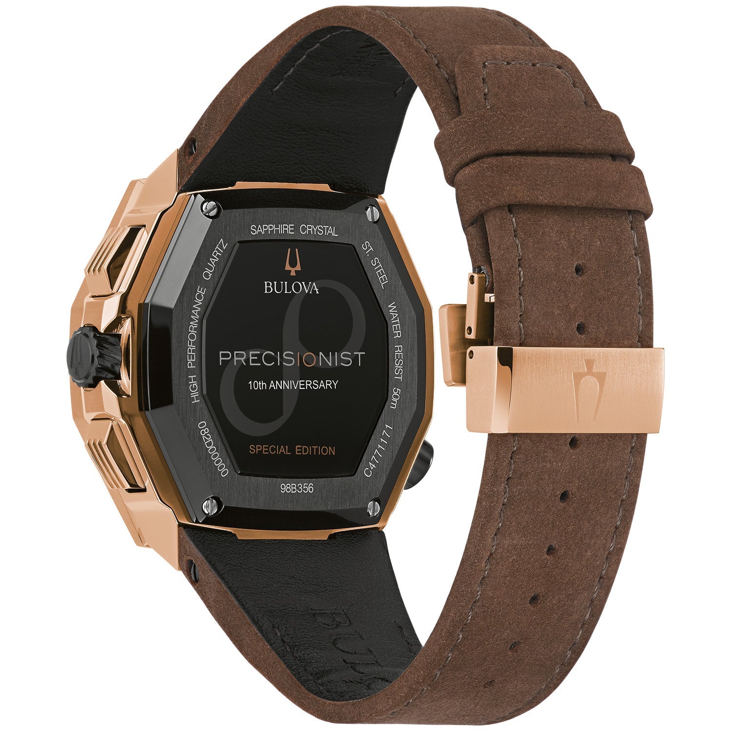 Rear view of Bulova 98B356 highlighting the stainless steel case back and brown leather strap with deployant buckle.​