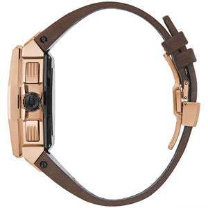 Side profile of Bulova 98B356 showcasing the two-tone stainless steel case and textured crown.