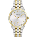 Bulova 98B385 Sutton Classic watch featuring a 40mm two-tone stainless steel case, silver-white dial with gold-tone accents, and a two-tone stainless steel bracelet—front view.