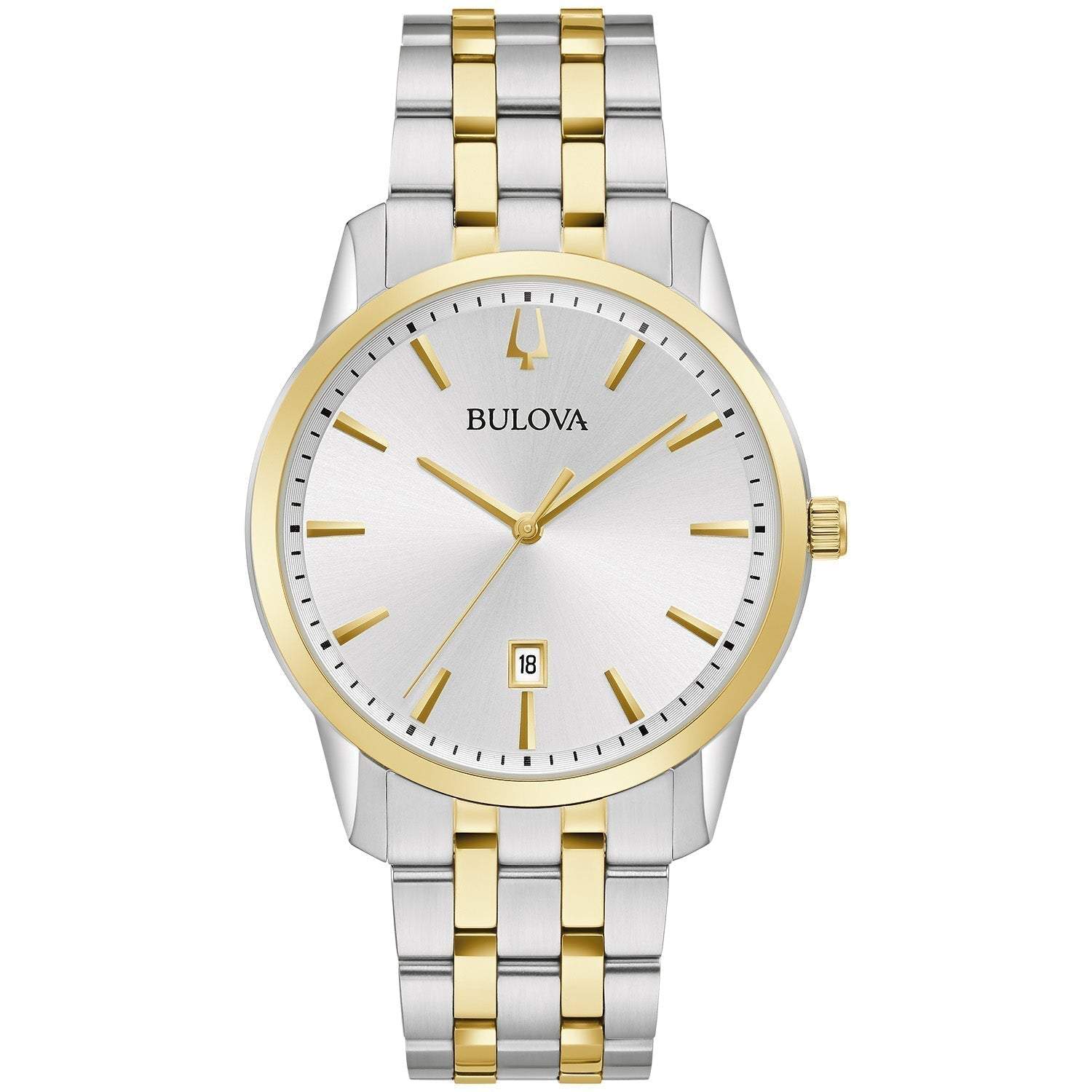 Bulova 98B385 Sutton Classic watch featuring a 40mm two-tone stainless steel case, silver-white dial with gold-tone accents, and a two-tone stainless steel bracelet—front view.