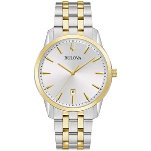Bulova 98B385 Sutton Classic watch featuring a 40mm two-tone stainless steel case, silver-white dial with gold-tone accents, and a two-tone stainless steel bracelet—front view.