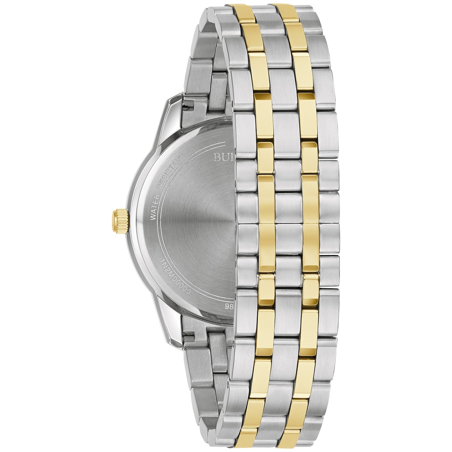  Rear view of the Bulova 98B385, showcasing the stainless steel case back and bracelet with deployant clasp.