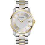 Front view of the Bulova Classic Wilton 98B391 showcasing the 41mm two-tone stainless steel case and silver-white dial with polished Roman numeral markers.