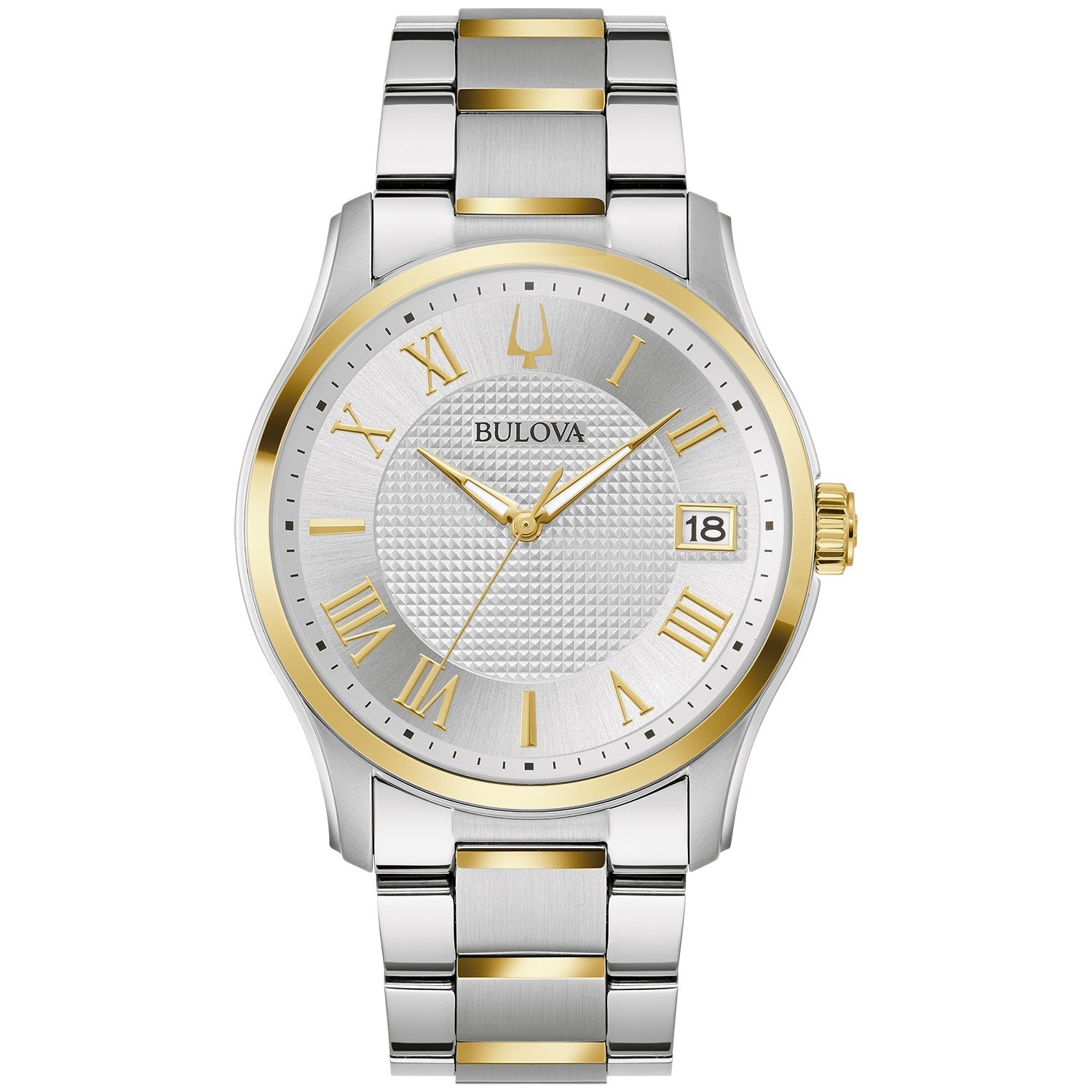 Front view of the Bulova Classic Wilton 98B391 showcasing the 41mm two-tone stainless steel case and silver-white dial with polished Roman numeral markers.