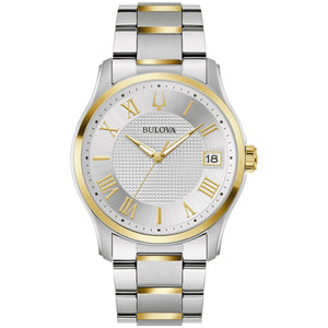 Front view of the Bulova Classic Wilton 98B391 showcasing the 41mm two-tone stainless steel case and silver-white dial with polished Roman numeral markers.