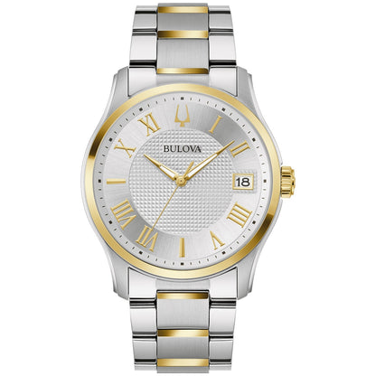 Front view of the Bulova Classic Wilton 98B391 showcasing the 41mm two-tone stainless steel case and silver-white dial with polished Roman numeral markers.
