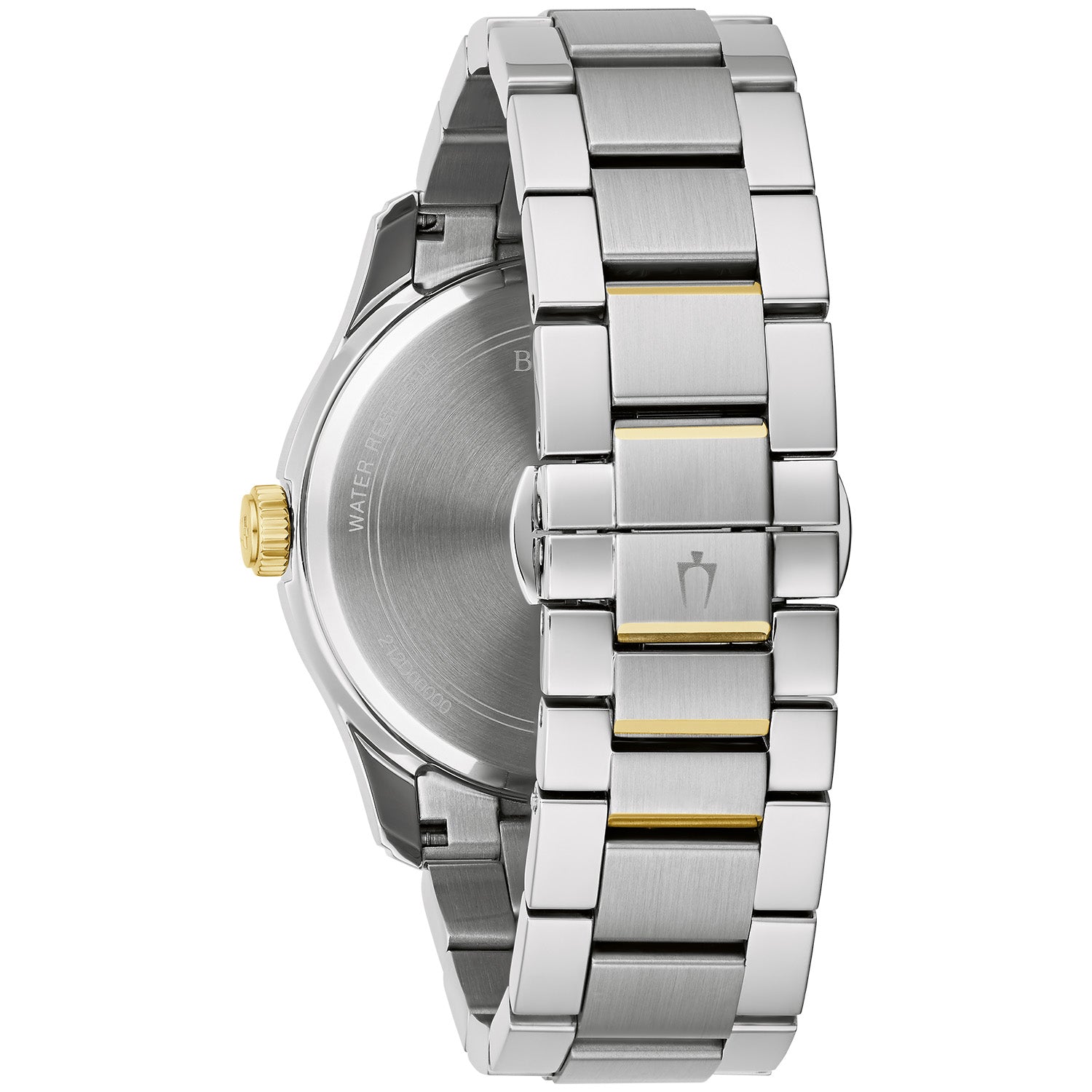 Back view of the Bulova Classic Wilton 98B391 displaying the two-tone stainless steel bracelet with deployant buckle and pushers.