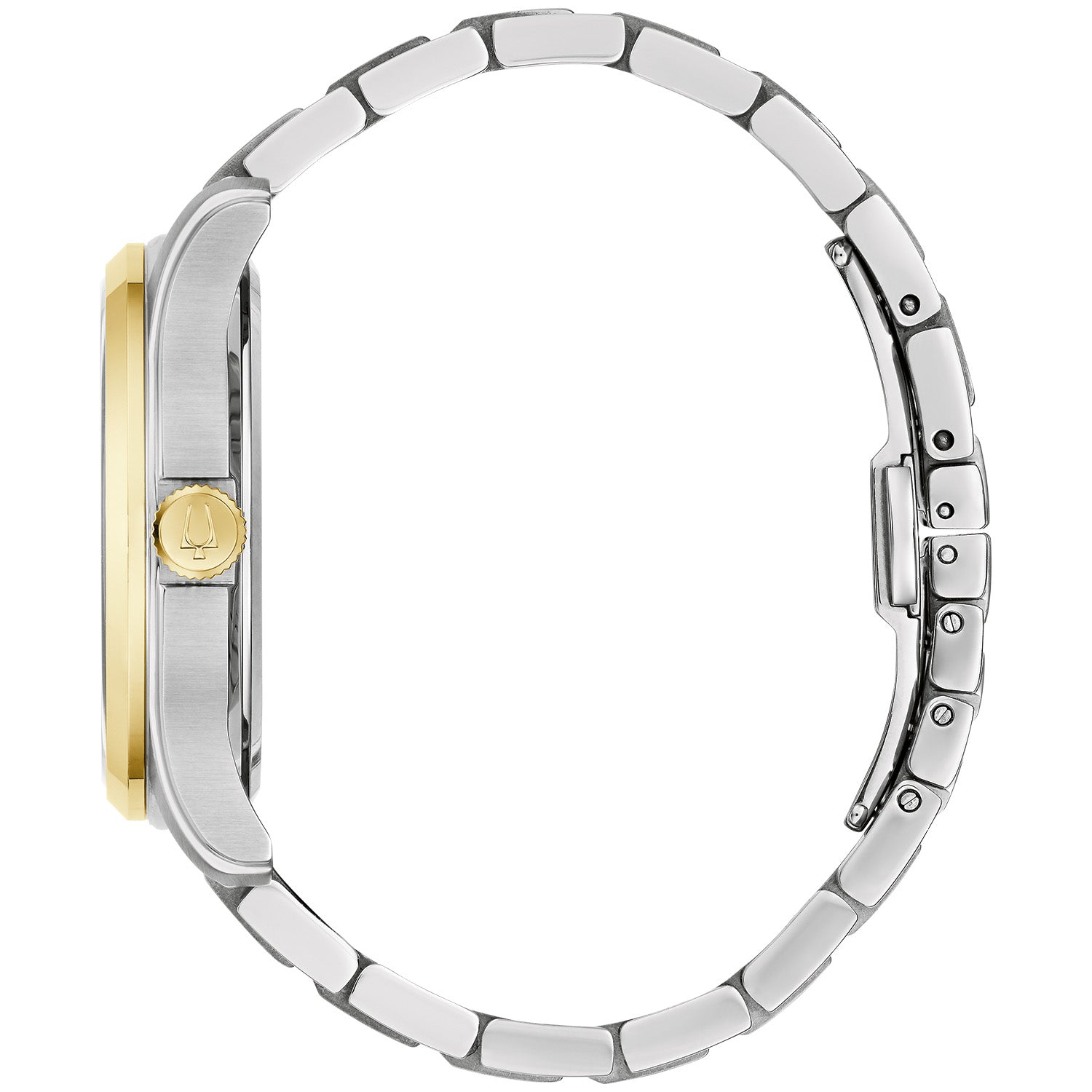 Side profile of the Bulova 98B391 highlighting the domed mineral crystal and brushed gold-tone bezel.