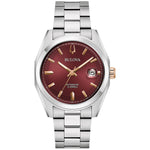  Bulova Surveyor 98B422 men's stainless steel watch with a burgundy sunburst dial and rose gold-tone accents—front view.