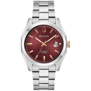  Bulova Surveyor 98B422 men's stainless steel watch with a burgundy sunburst dial and rose gold-tone accents—front view.