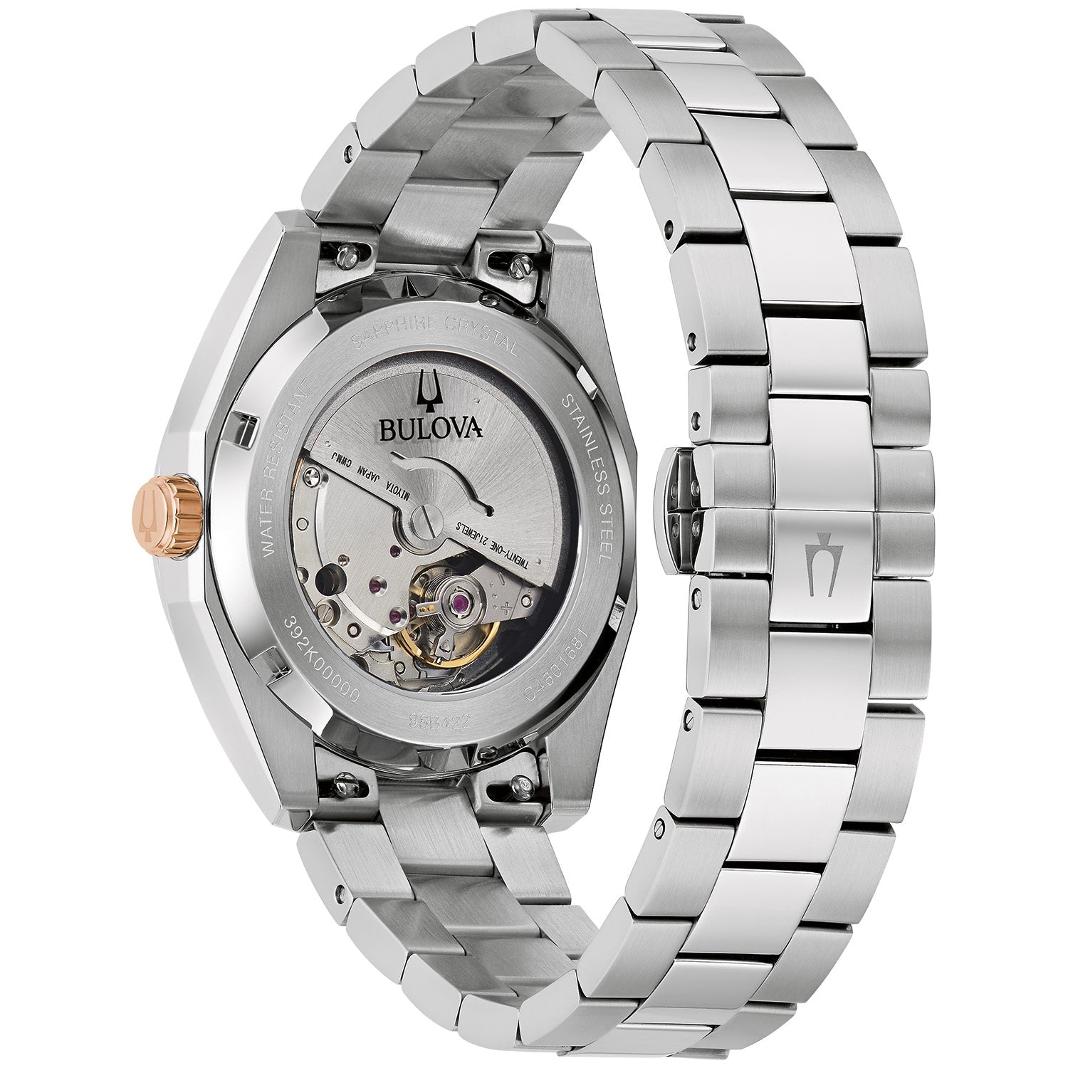  Back view of Bulova Surveyor 98B422, showcasing the exhibition case back revealing the automatic movement and stainless steel bracelet.