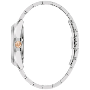 Side profile of Bulova Surveyor 98B422, highlighting the 39mm stainless steel case and flat sapphire crystal.