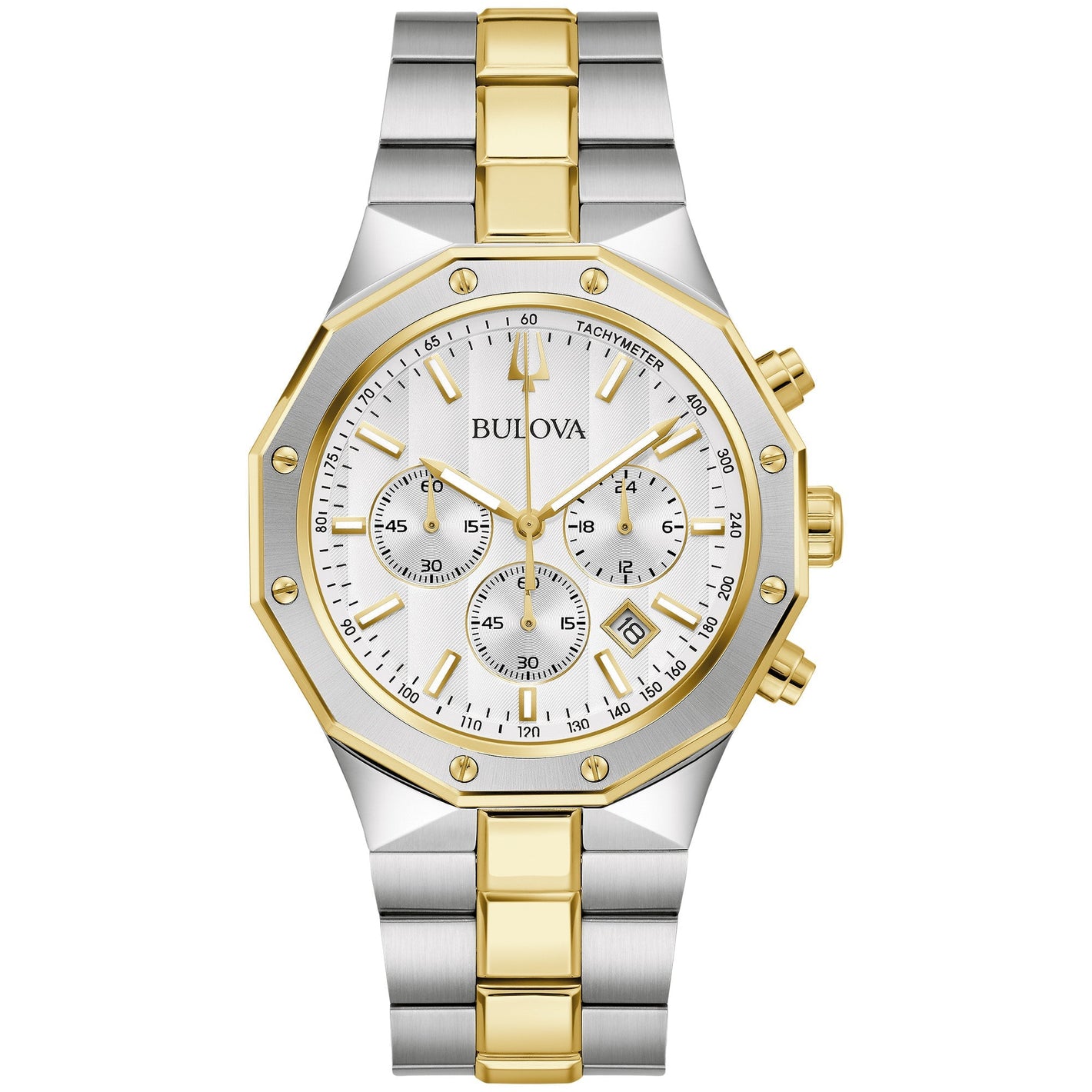 Bulova Prestige 98B450 men's watch with a 40mm gold- and silver-tone stainless steel case, silver-white striped dial featuring gold-tone hands and markers, and three sub-dials—front view.
