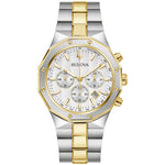 Bulova Prestige 98B450 men's watch with a 40mm gold- and silver-tone stainless steel case, silver-white striped dial featuring gold-tone hands and markers, and three sub-dials—front view.