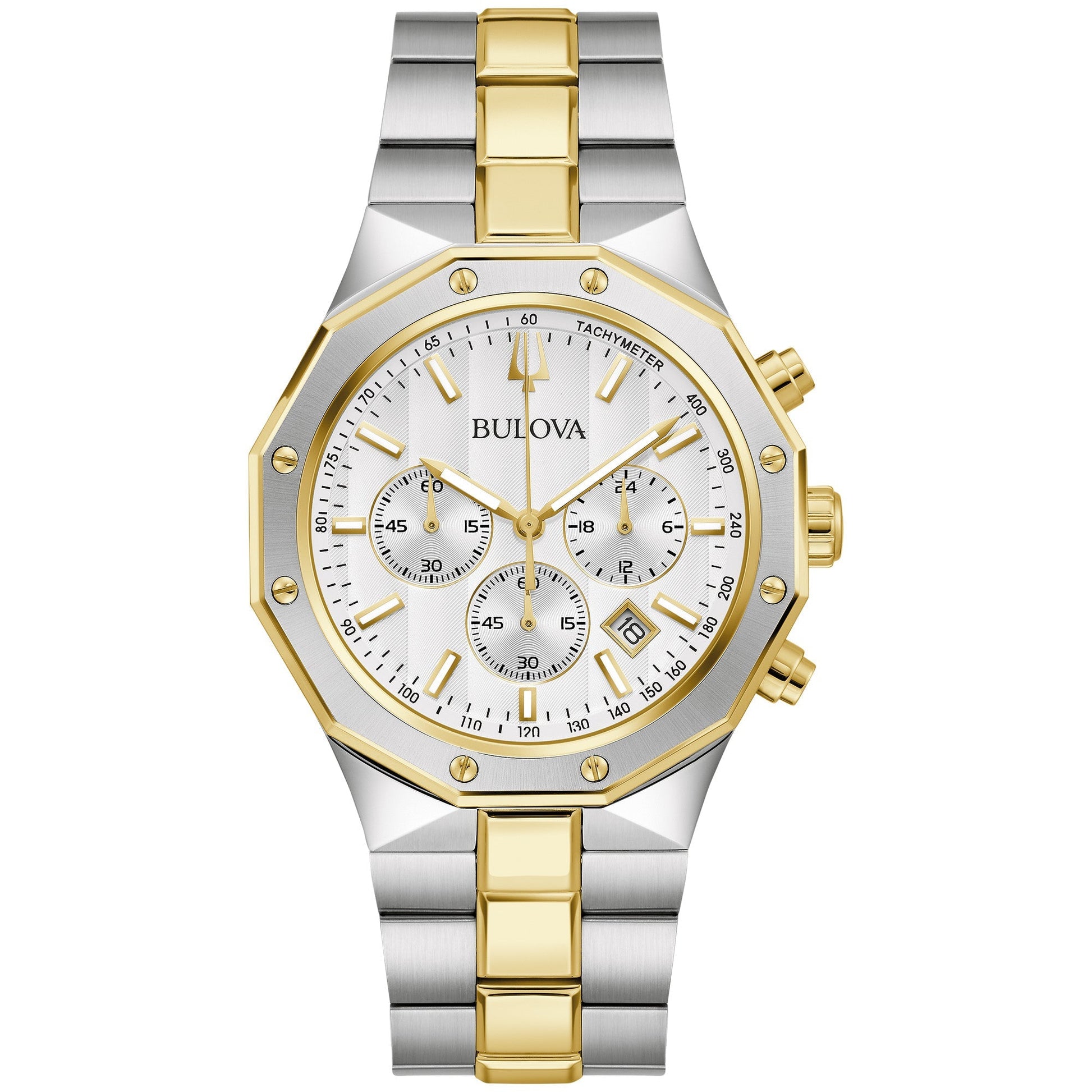 Bulova Prestige 98B450 men's watch with a 40mm gold- and silver-tone stainless steel case, silver-white striped dial featuring gold-tone hands and markers, and three sub-dials—front view.