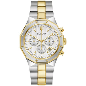 Bulova Prestige 98B450 men's watch with a 40mm gold- and silver-tone stainless steel case, silver-white striped dial featuring gold-tone hands and markers, and three sub-dials—front view.
