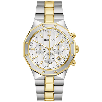 Bulova Prestige 98B450 men's watch with a 40mm gold- and silver-tone stainless steel case, silver-white striped dial featuring gold-tone hands and markers, and three sub-dials—front view.