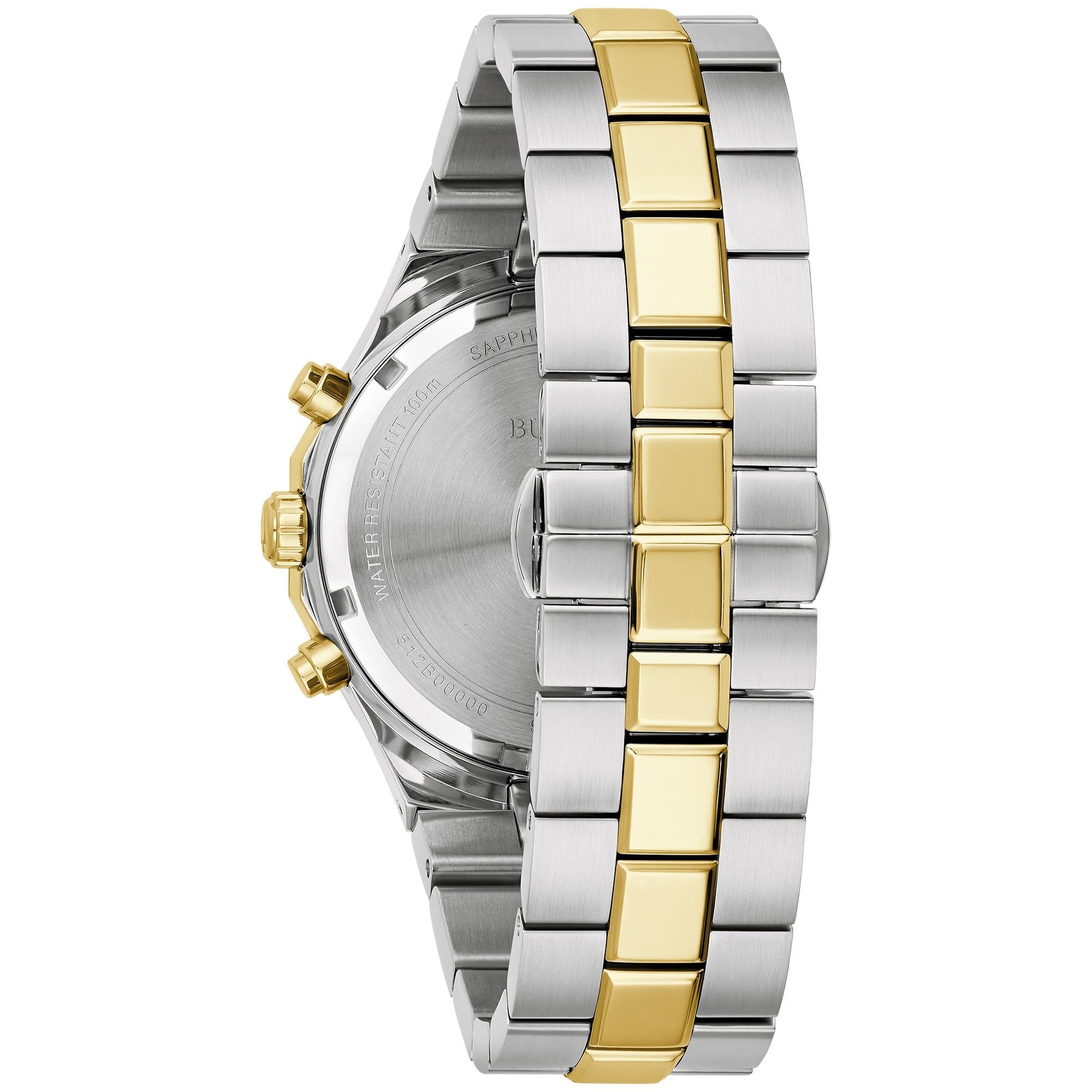 Rear view of the Bulova 98B450 highlighting the chamfered 3-link stainless steel bracelet with brushed and polished finishes and push-button deployant clasp.