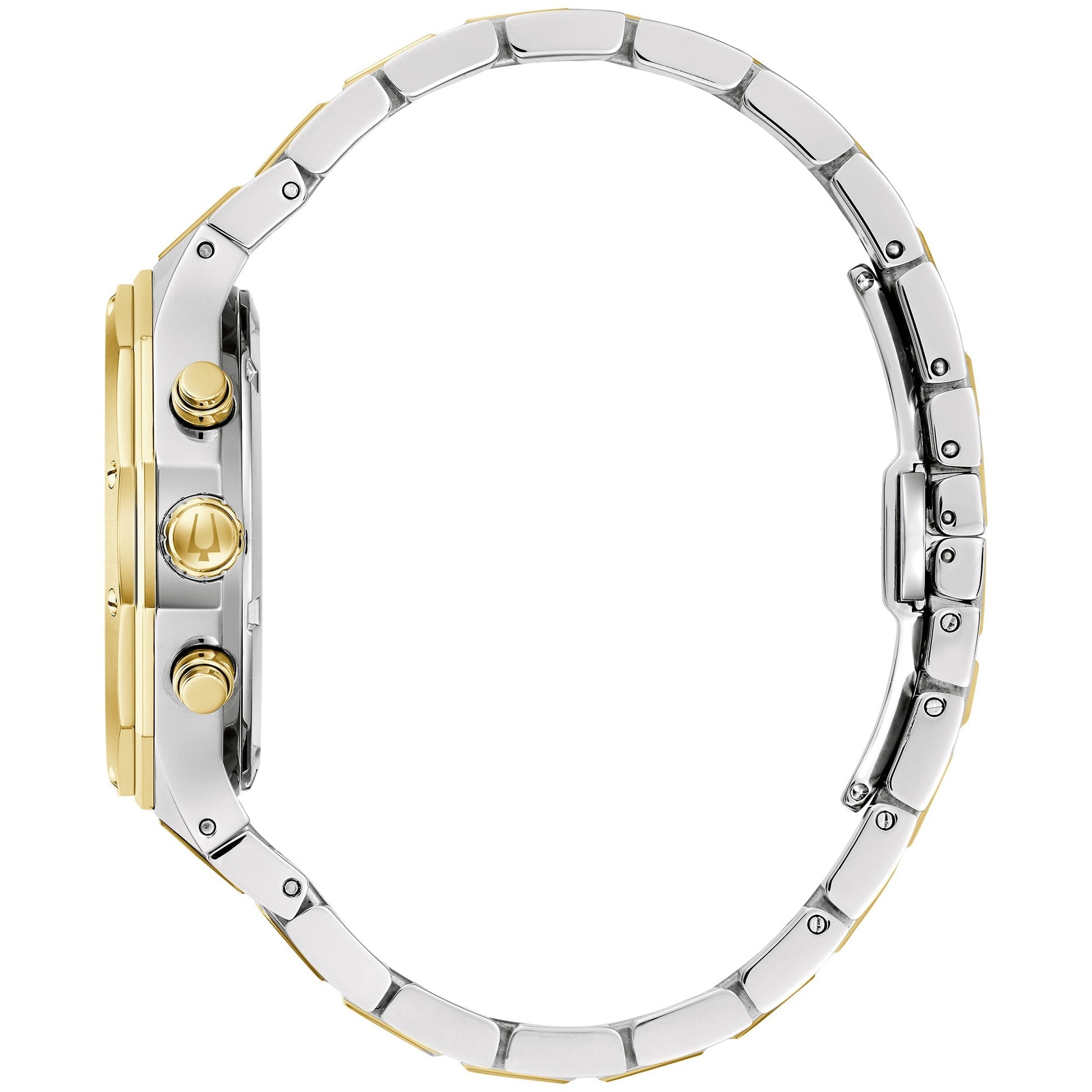 Side profile of the Bulova 98B450 showcasing the flat sapphire crystal with anti-reflective coating and geometric bezel.