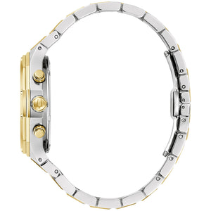 Side profile of the Bulova 98B450 showcasing the flat sapphire crystal with anti-reflective coating and geometric bezel.