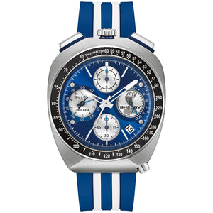 Bulova Shelby Racer limited edition 98B452 chronograph watch with a blue racing dial and white accents.