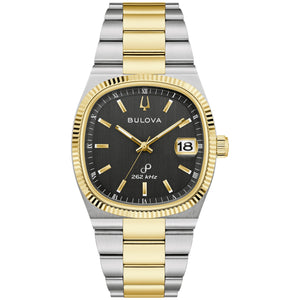 Front view of Bulova 98B458 with two-tone stainless steel case and bracelet, brushed black dial, gold-tone hands and markers with date at 3 o’clock.