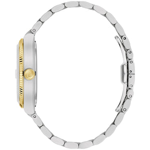 Side profile of Bulova 98B458 showcasing the 37.5 mm case thickness, grooved coin-edge bezel, and integrated two-tone bracelet links.