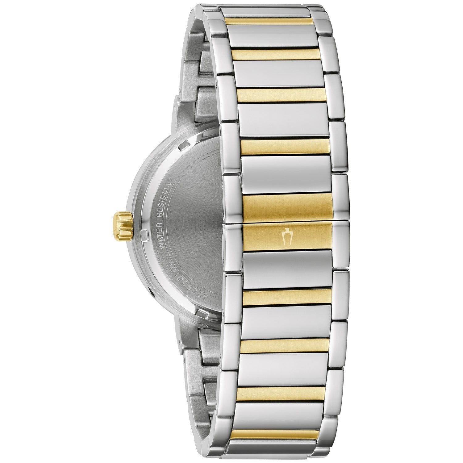  Back view of the Bulova Futuro 98C123 displaying the stainless steel case back and deployment clasp.