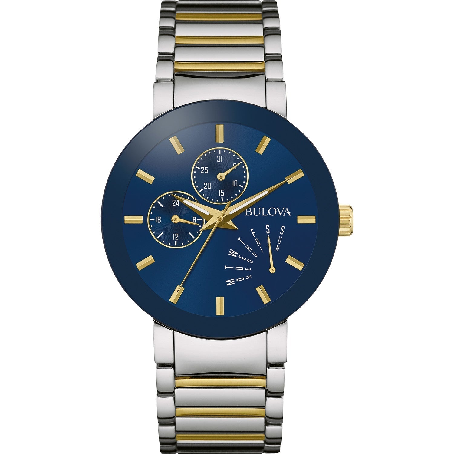 Bulova Futuro 98C123 men's watch front view showcasing a two-tone stainless steel case and bracelet, deep blue dial with gold-tone hands and indices, and multi-function subdials.