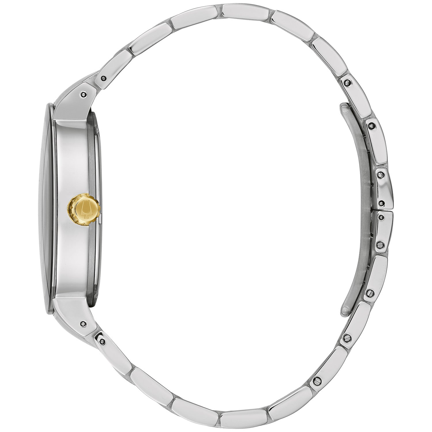  Side profile of the Bulova Futuro 98C123 highlighting the curved mineral glass and sleek two-tone case design.