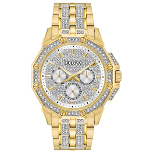 Bulova 98C126 men's Precisionist chronograph with a black dial, silver-tone hands, and ceramic bezel—front view.