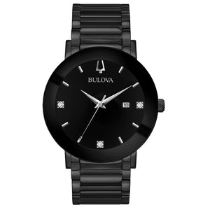  Front view of the Bulova 98D144 showcasing its black dial with diamond markers and black ion-plated stainless steel bracelet.