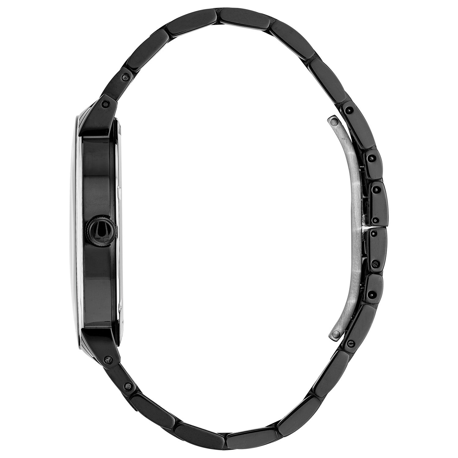 Side profile of the Bulova 98D144 highlighting the sleek black ion-plated case and metalized edge-to-edge curved crystal.