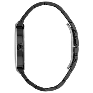 Side profile of the Bulova 98D144 highlighting the sleek black ion-plated case and metalized edge-to-edge curved crystal.
