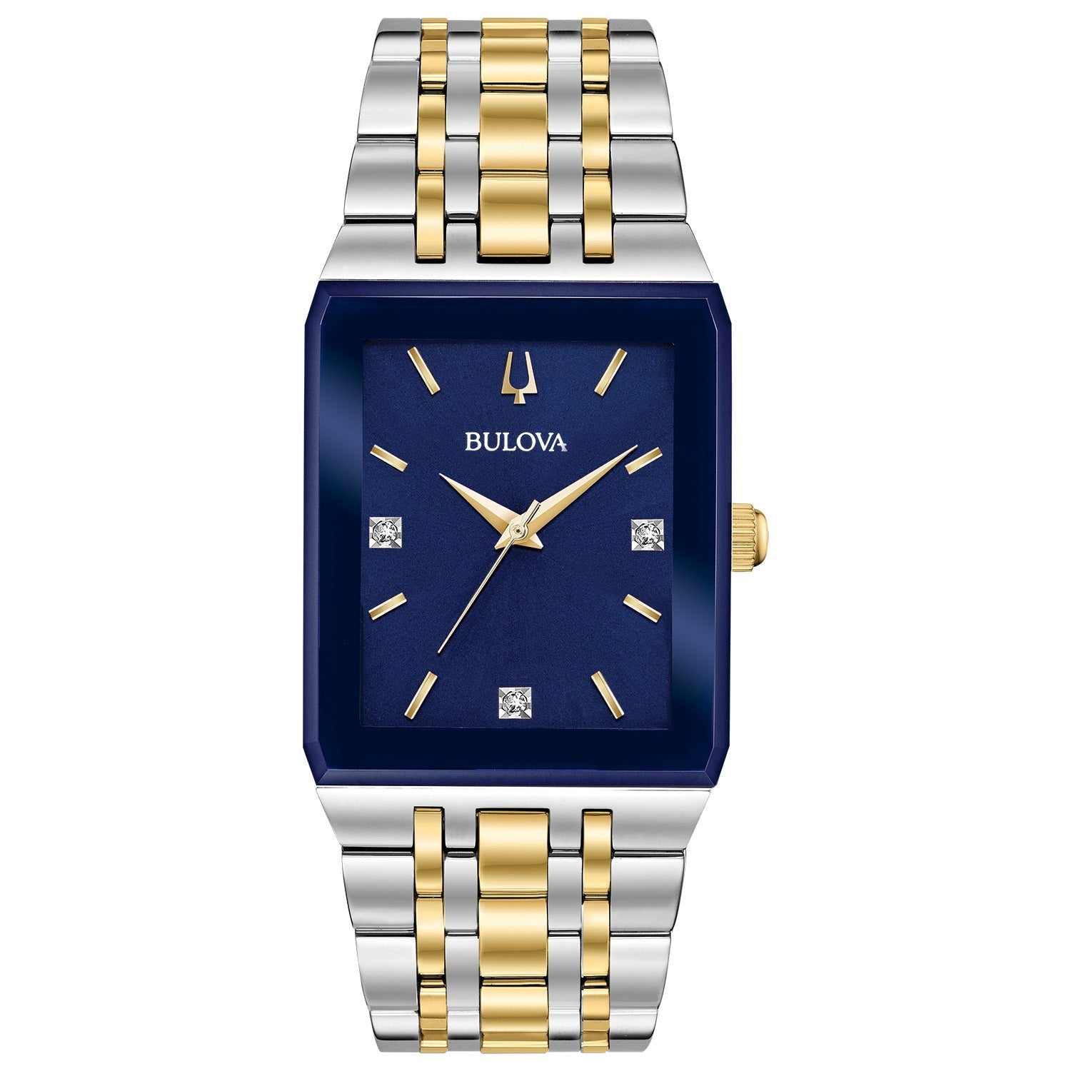 Bulova Quadra 98D154 men's watch featuring a 30.75mm silver-tone stainless steel case, blue dial with diamond accents, and a two-tone stainless steel bracelet—front view.