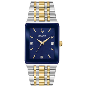 Bulova Quadra 98D154 men's watch featuring a 30.75mm silver-tone stainless steel case, blue dial with diamond accents, and a two-tone stainless steel bracelet—front view.