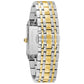 Back view of the Bulova Quadra 98D154, showcasing the stainless steel case back and two-tone bracelet.