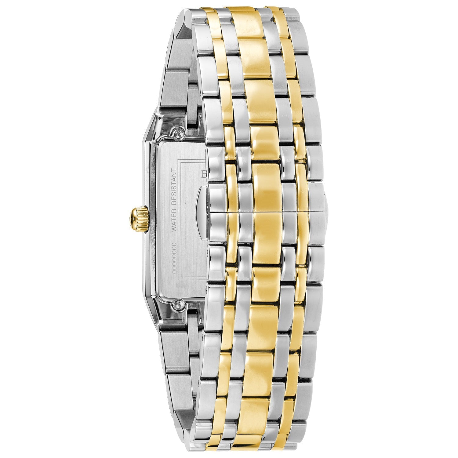 Back view of the Bulova Quadra 98D154, showcasing the stainless steel case back and two-tone bracelet.