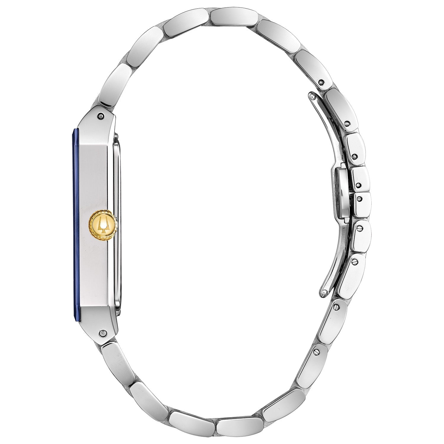  Side profile of the Bulova 98D154, highlighting the edge-to-edge blue faceted metalized mineral crystal and gold-tone crown.
