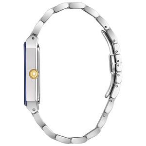  Side profile of the Bulova 98D154, highlighting the edge-to-edge blue faceted metalized mineral crystal and gold-tone crown.