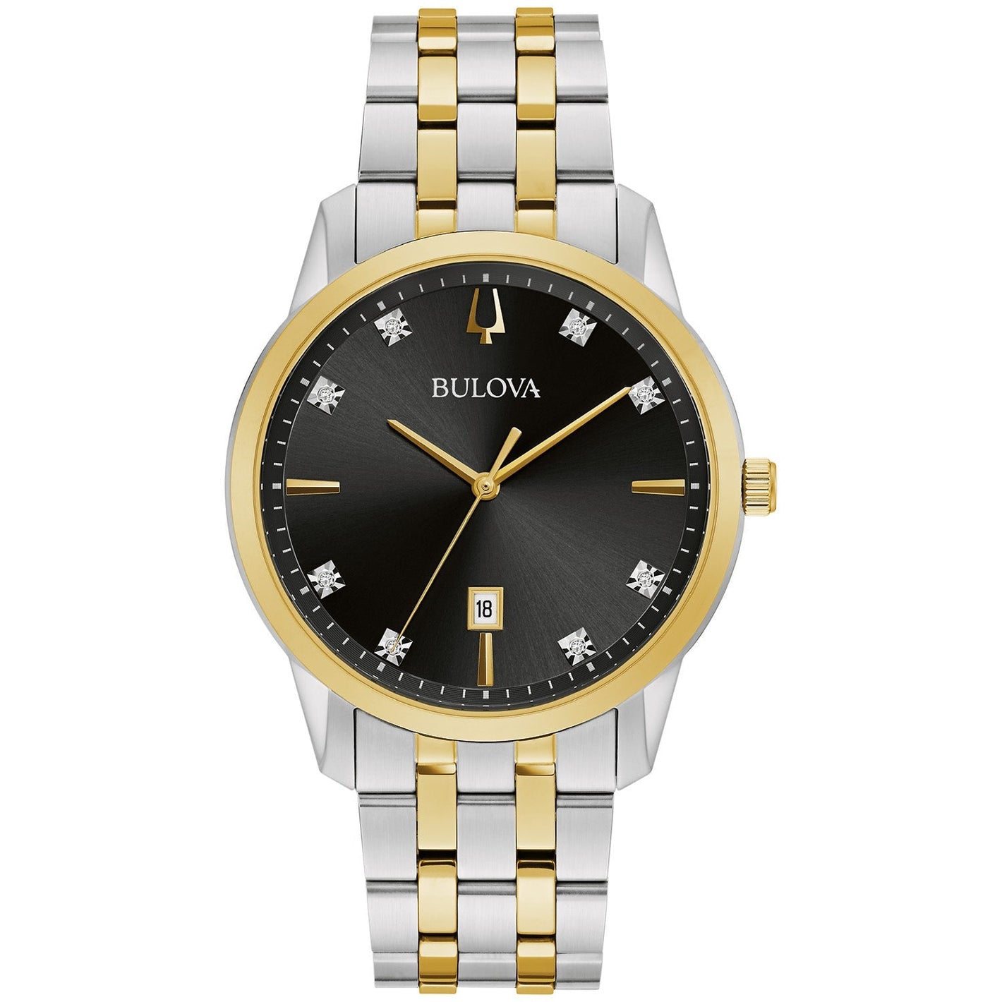 Bulova Sutton 98D165 men's watch front view showcasing a two-tone stainless steel case and bracelet, black dial with eight diamond hour markers, gold-tone hands, and date display at 6 o'clock.