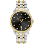 Bulova Sutton 98D165 men's watch front view showcasing a two-tone stainless steel case and bracelet, black dial with eight diamond hour markers, gold-tone hands, and date display at 6 o'clock.