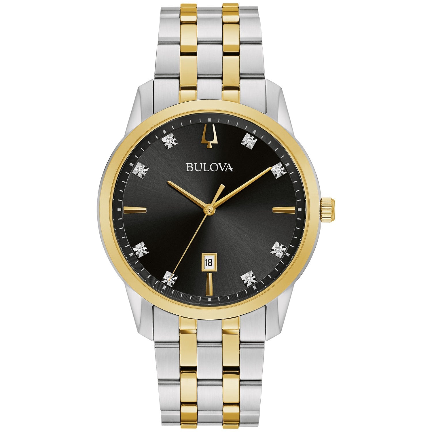 Bulova Sutton 98D165 men's watch front view showcasing a two-tone stainless steel case and bracelet, black dial with eight diamond hour markers, gold-tone hands, and date display at 6 o'clock.